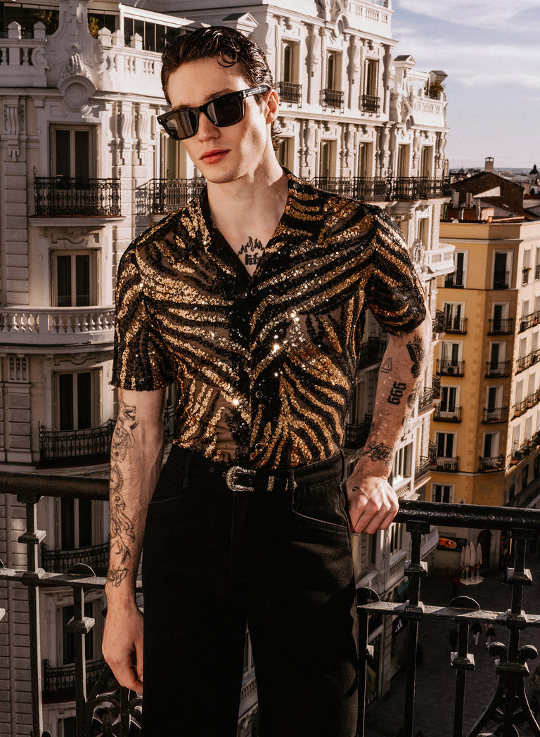 Black and Gold Zebra Sequin Embellished Cuban Shirt