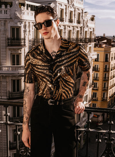 Black and Gold Zebra Sequin Embellished Cuban Shirt