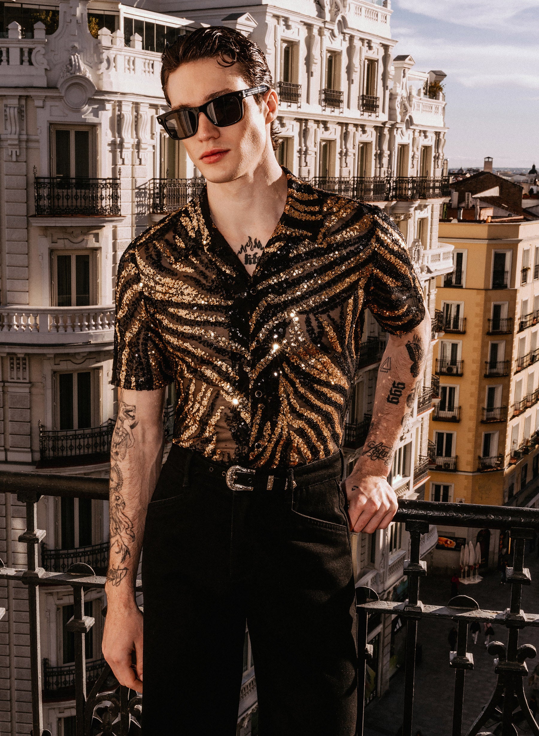 Black and Gold Zebra Sequin Embellished Cuban Shirt ‐ Phix