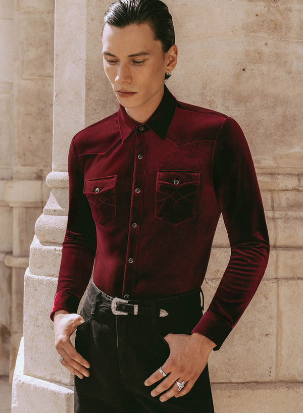 Burgundy Velvet 70's Western Shirt