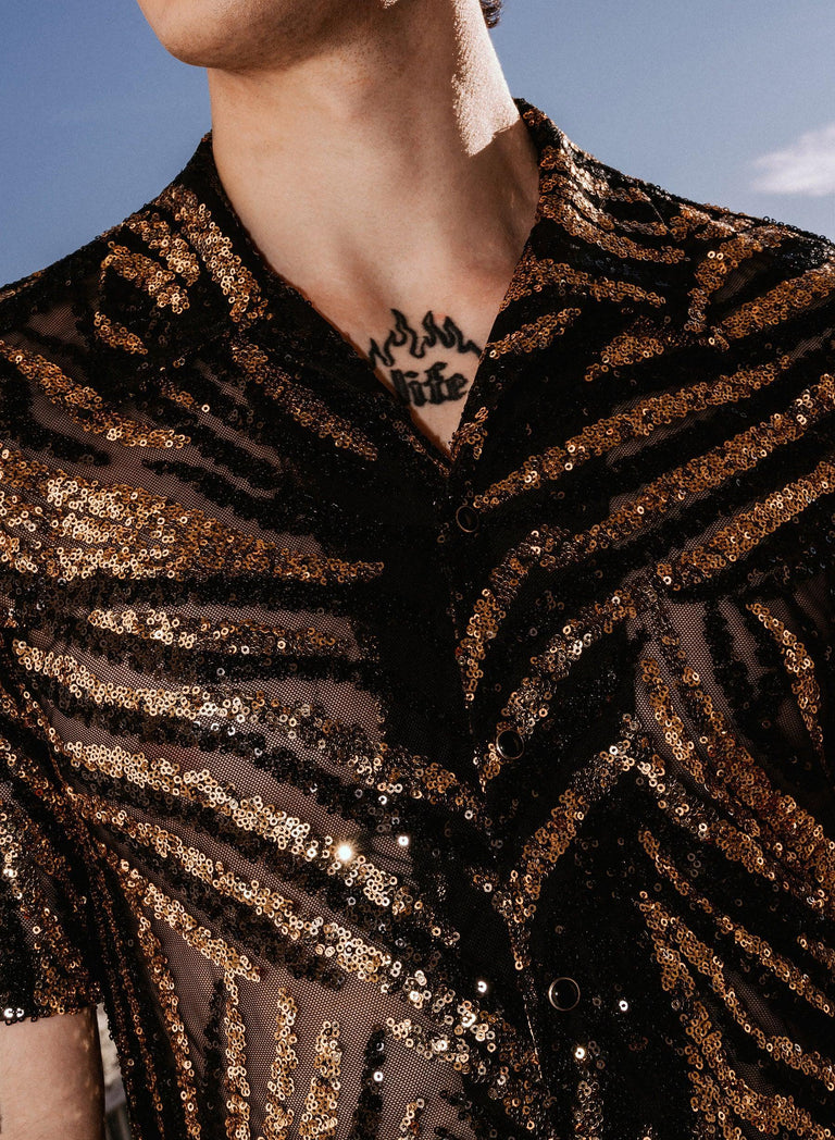Black and Gold Zebra Sequin Embellished Cuban Shirt