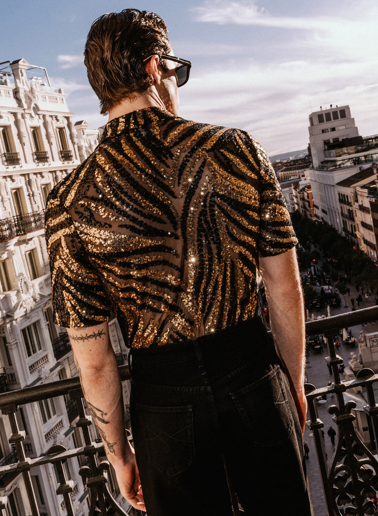 Black and Gold Zebra Sequin Embellished Cuban Shirt