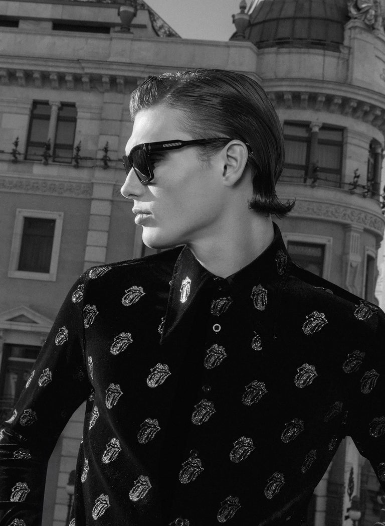 Phix X Rolling Stones Black Velvet Silver Tongue Pattern Shirt