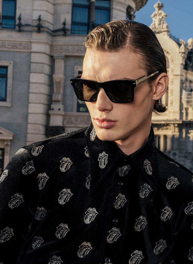 Phix X Rolling Stones Black Velvet Silver Tongue Pattern Shirt