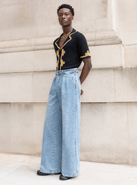 Light Wash Pleated High Waisted Wide Leg Flare Jean