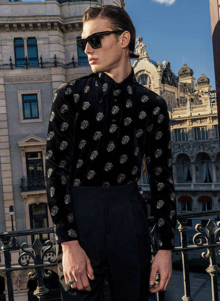 Phix X Rolling Stones Black Velvet Silver Tongue Pattern Shirt