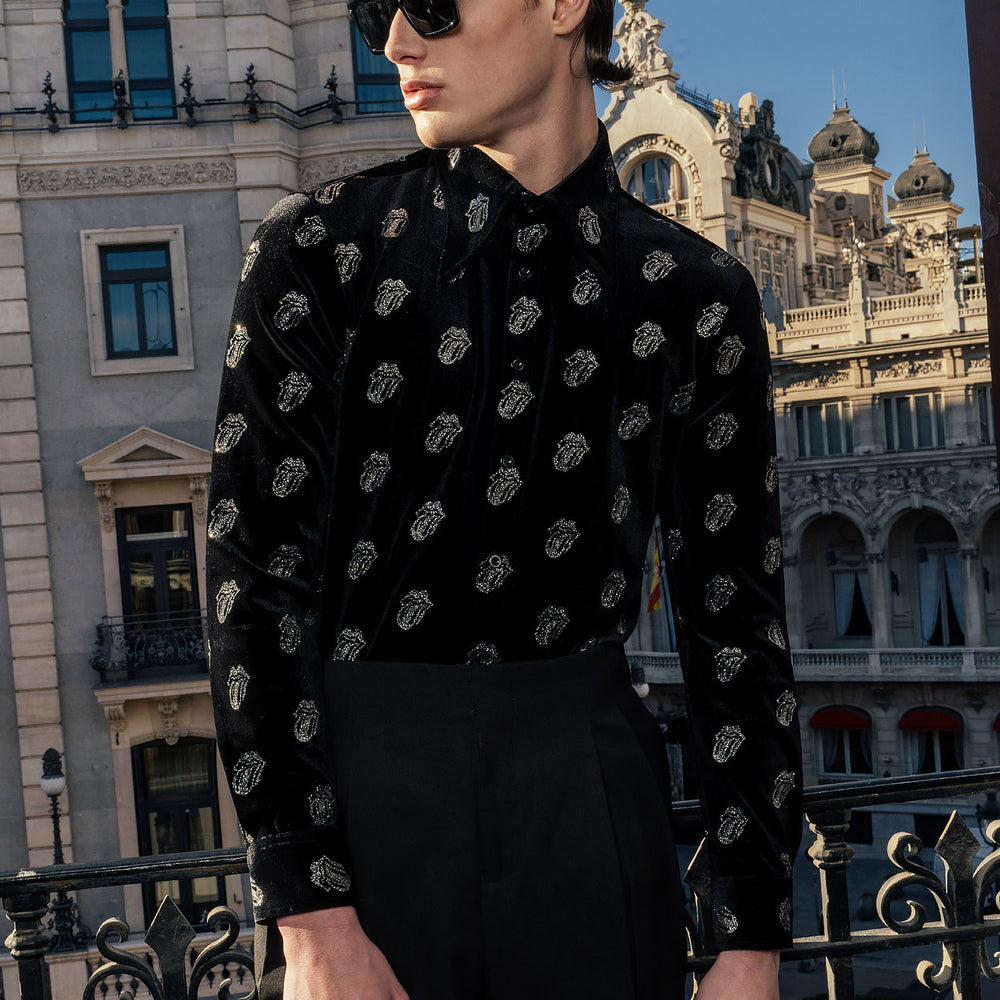 Phix X Rolling Stones Black Velvet Silver Tongue Pattern Shirt & Phix