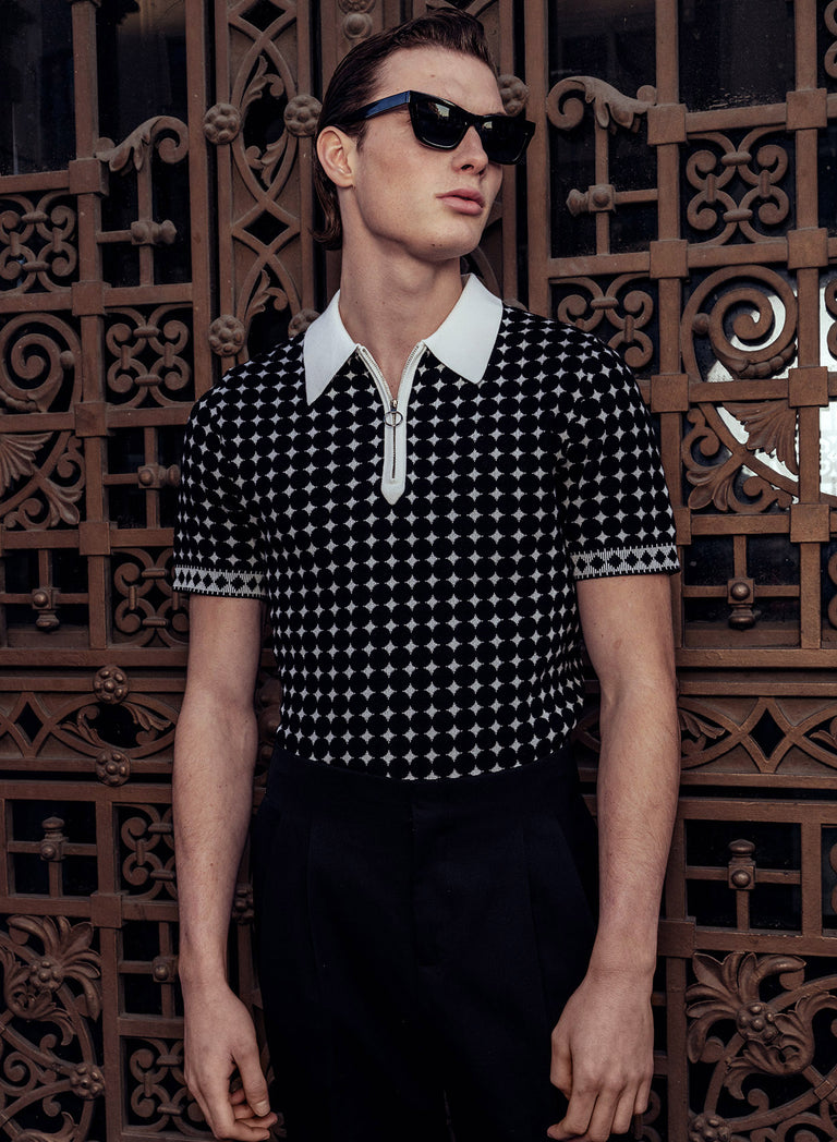 Black Jacquard Circular Knitted Zip Polo