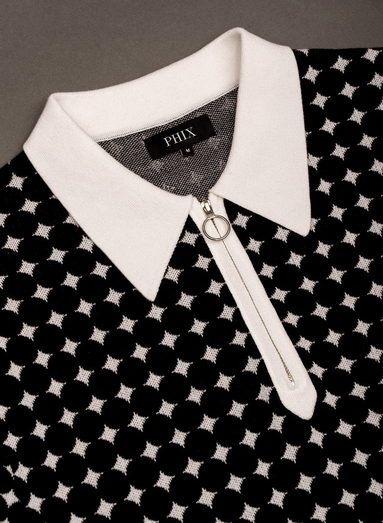 Black Jacquard Circular Knitted Zip Polo