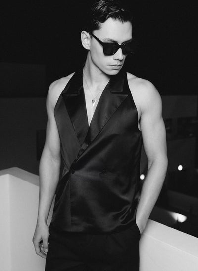 Black Satin Double Breasted Sleeveless Shirt