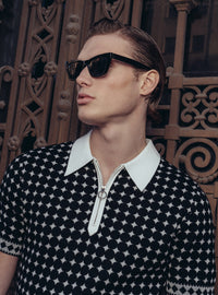 Black Jacquard Circular Knitted Zip Polo