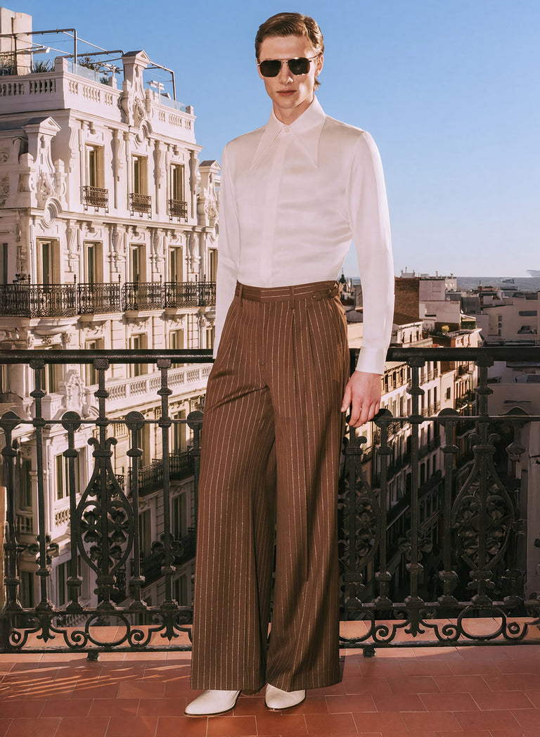 Brown Metallic Pinstripe High Waisted Side Buckle Trousers