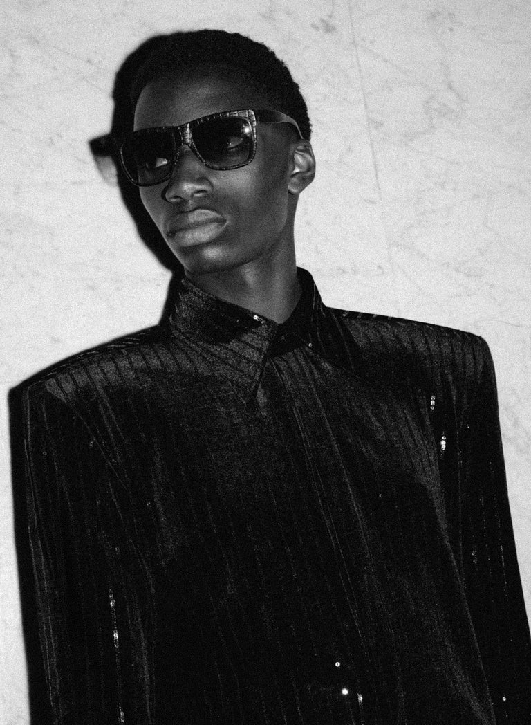Black Pinstripe Wide Shoulder Velvet Shirt