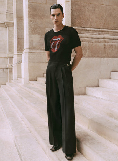 Black Wool Western Side Buckle Flare Trouser