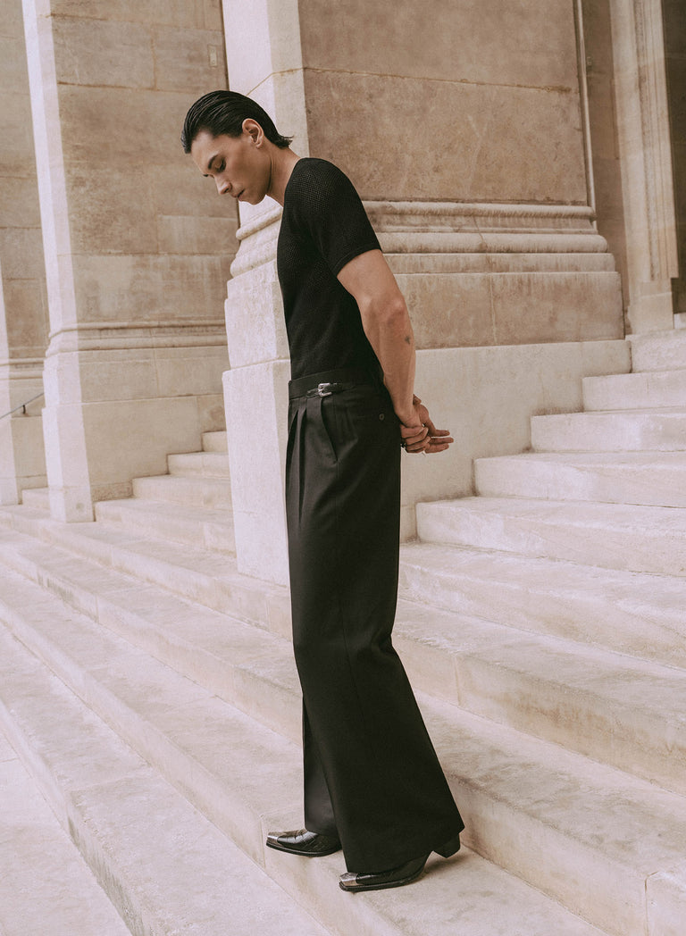 Black Wool Western Side Buckle Flare Trouser