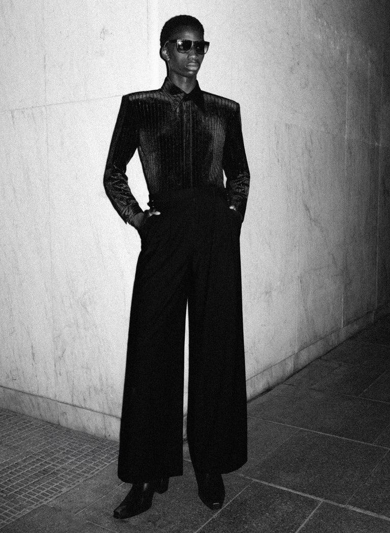 Black Pinstripe Wide Shoulder Velvet Shirt