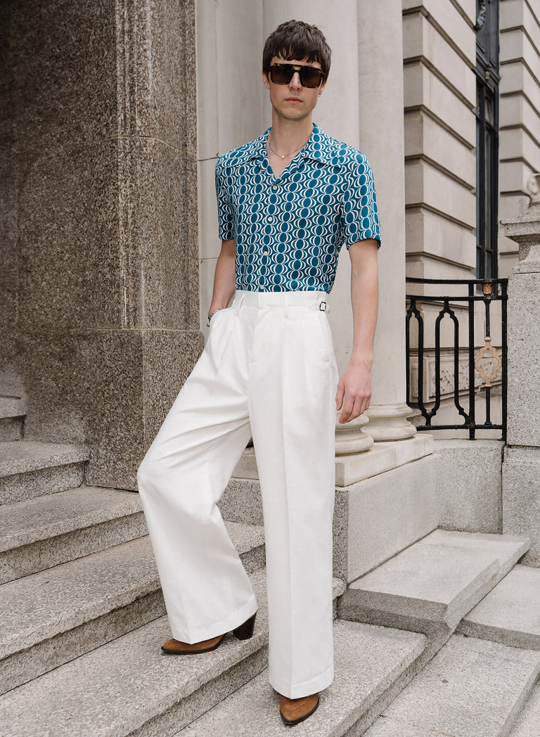 Off-White High Waisted Linen Side Buckle Flare Trousers