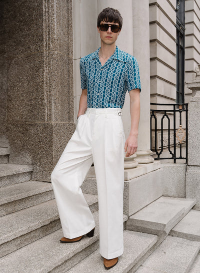 Off-White High Waisted Linen Side Buckle Flare Trousers