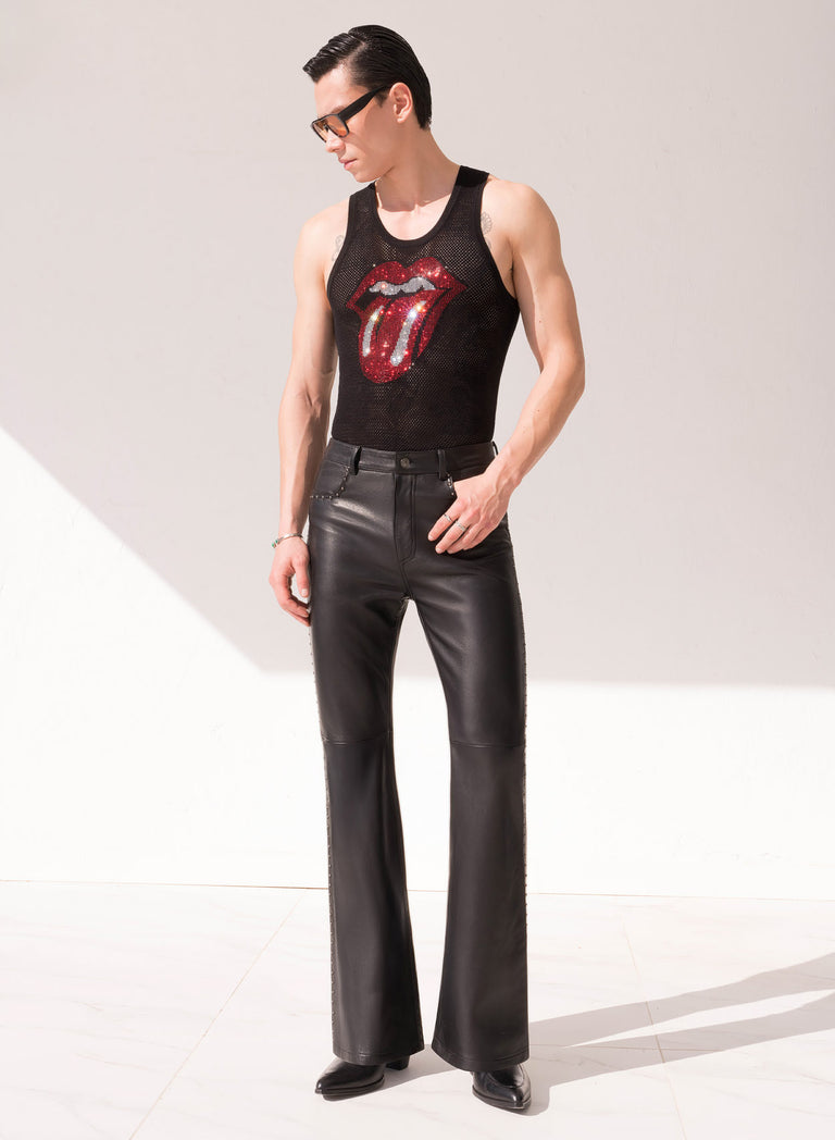 Black Leather Studded Flare Trousers