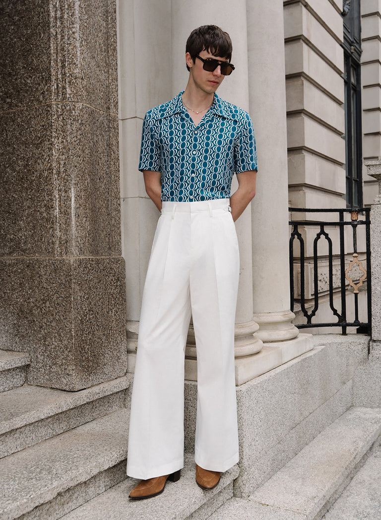 Off-White High Waisted Linen Side Buckle Flare Trousers
