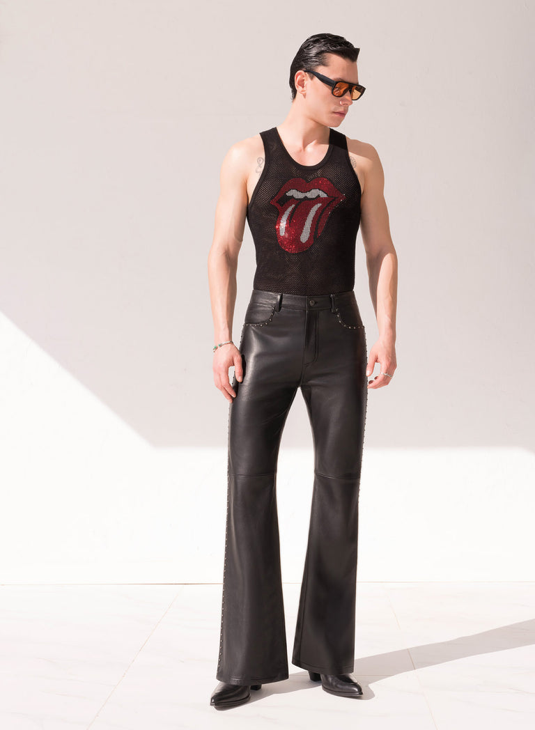 Black Leather Studded Flare Trousers