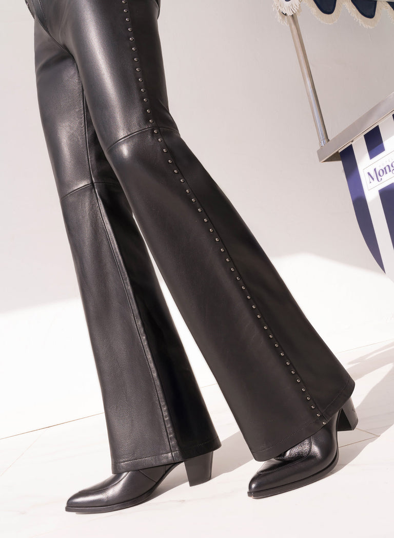 Black Leather Studded Flare Trousers