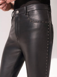 Black Leather Studded Flare Trousers