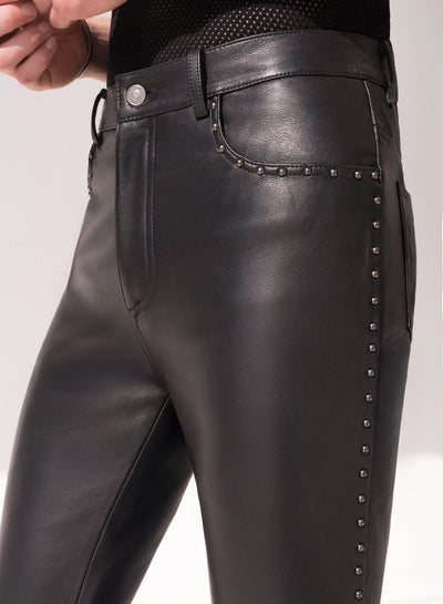 Black Leather Studded Flare Trousers
