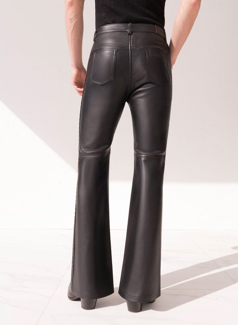 Black Leather Studded Flare Trousers