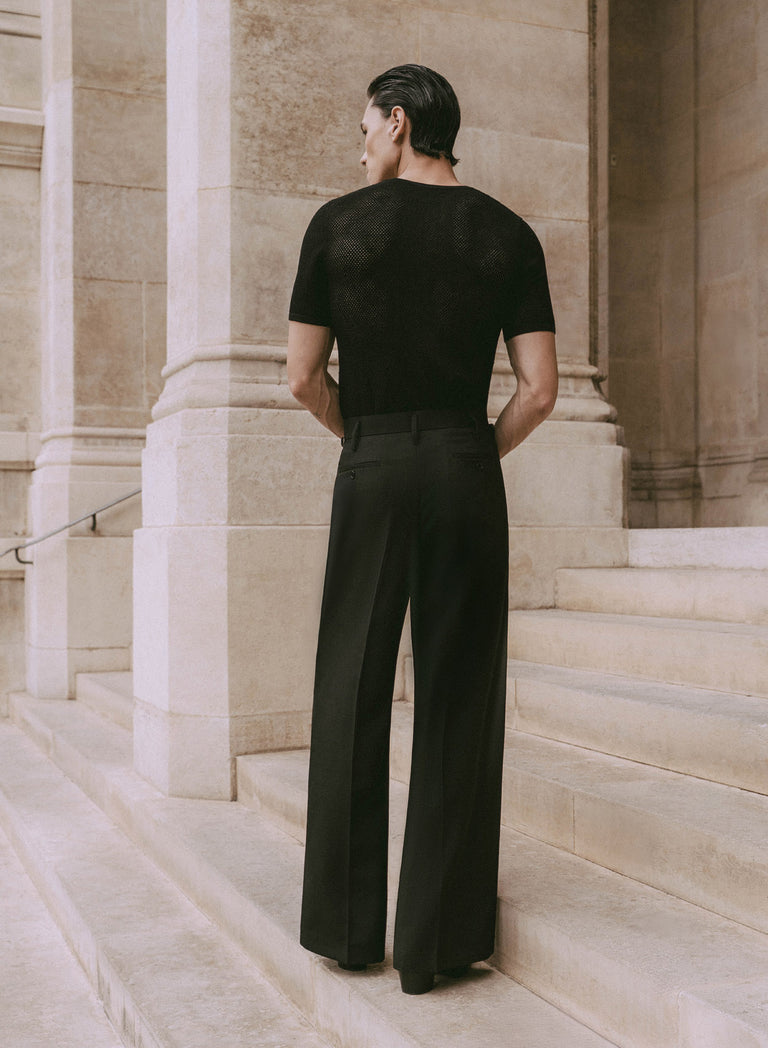 Black Wool Western Side Buckle Flare Trouser