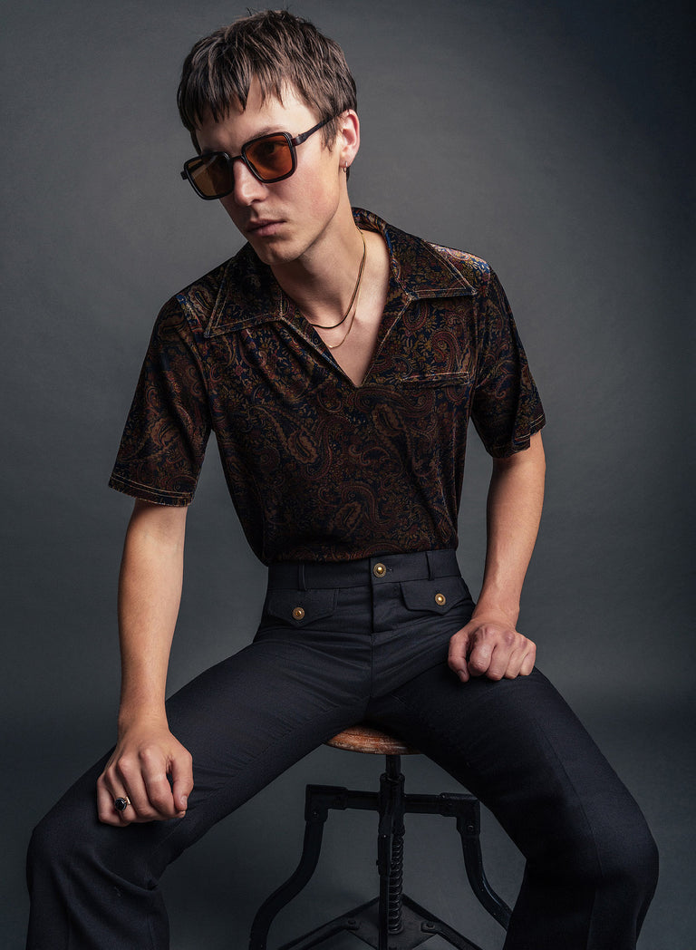 Black Wool Gold Button Flare Trouser