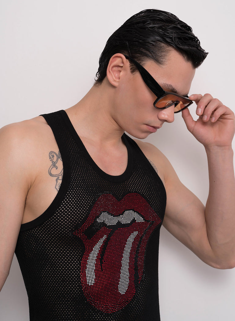 Phix X Rolling Stones Black Rhinestone Tongue Vest