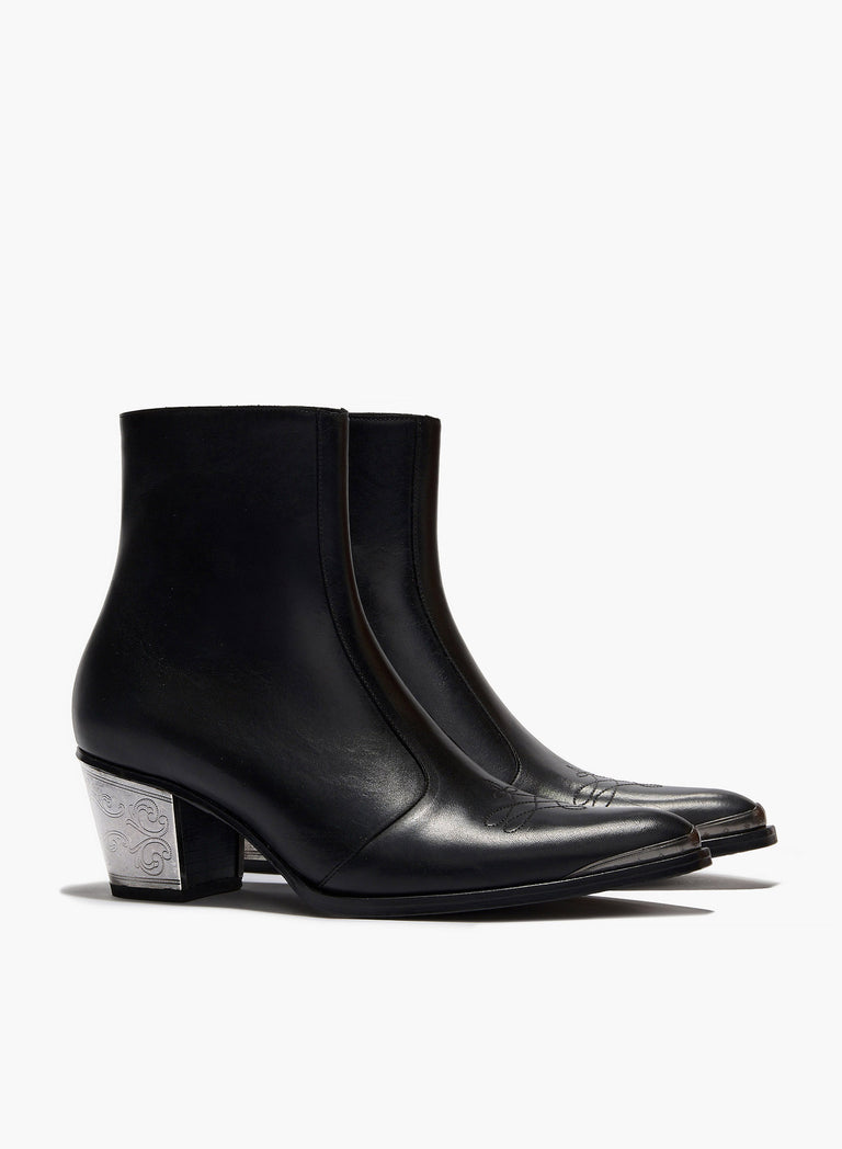 Black Leather Western Boots with Engraved Metal 60mm Boot