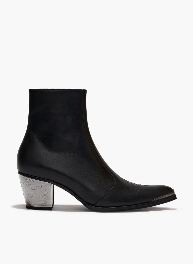 Black Leather Western Boots with Engraved Metal 60mm Boot