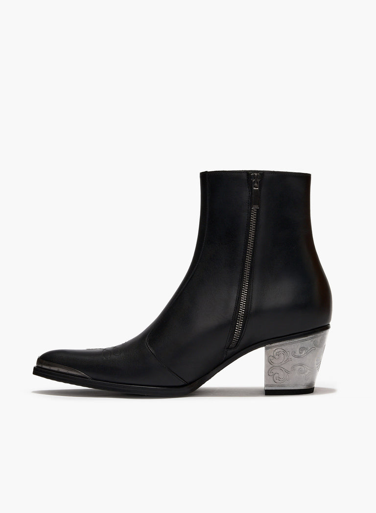 Black Leather Western Boots with Engraved Metal 60mm Boot