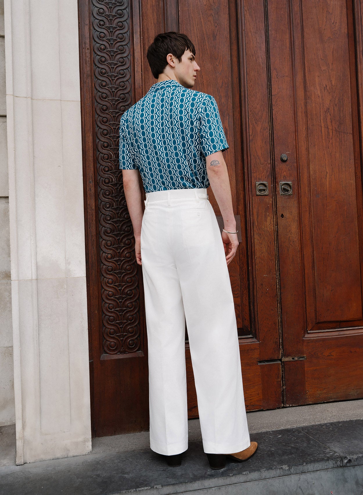 White High Waisted Linen Side Buckle Flare Trousers Phix