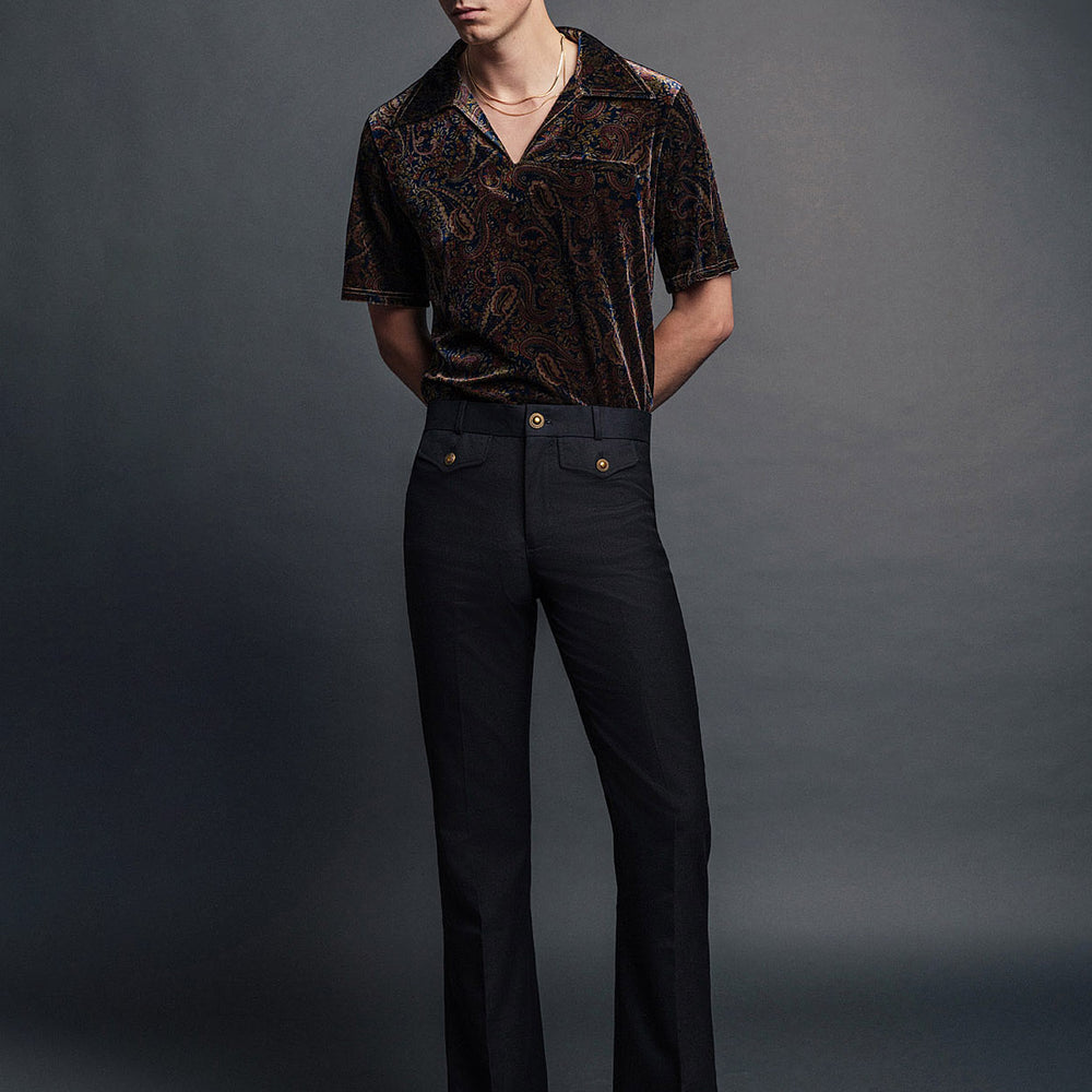 Black Wool Gold Button Flare Trouser & Phix
