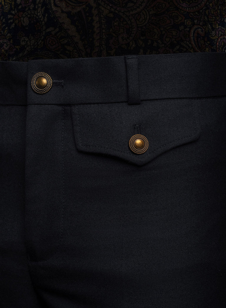 Black Wool Gold Button Flare Trouser
