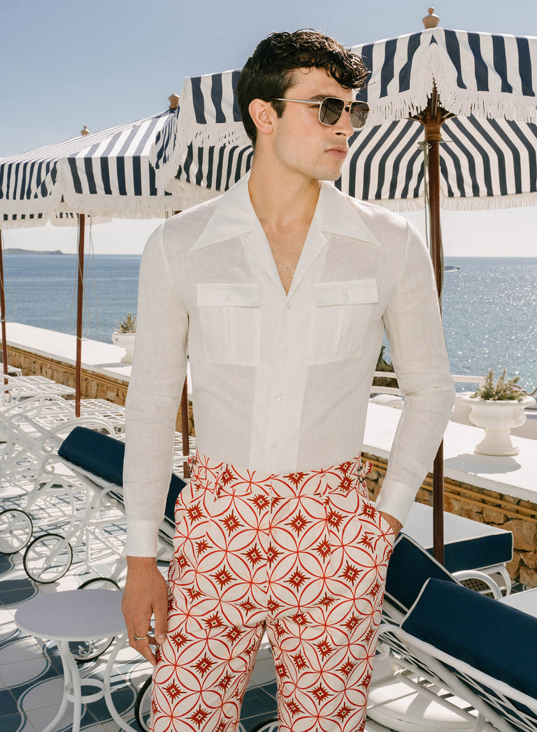 Ivory Geometric High Waisted Side Buckle Linen Trousers