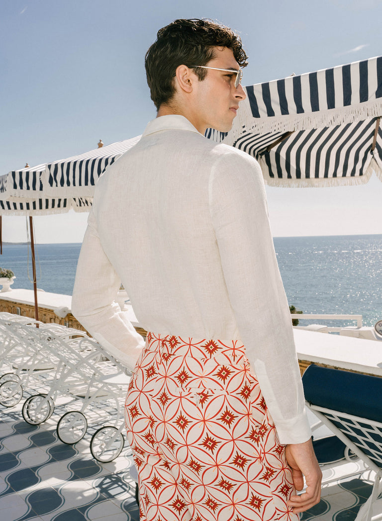 Ivory Geometric High Waisted Side Buckle Linen Trousers