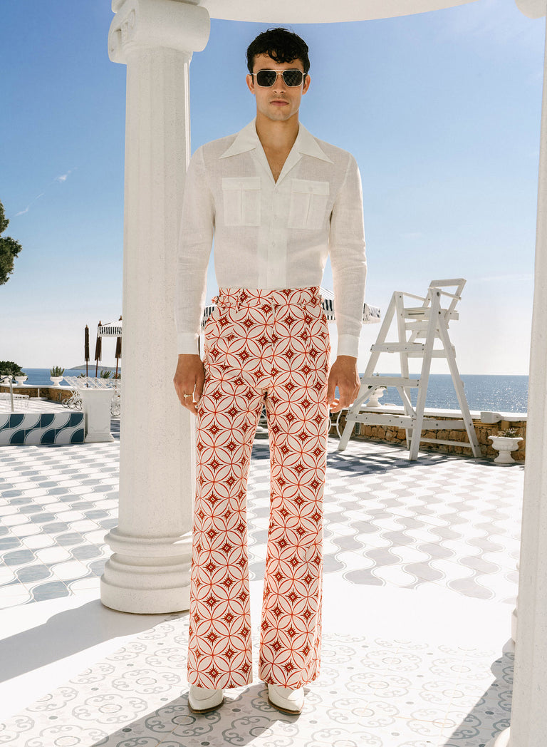 Ivory Geometric High Waisted Side Buckle Linen Trousers