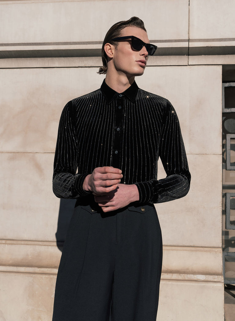 Black Silk Velvet Sequin Button Down Shirt
