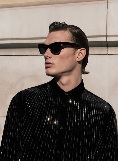 Black Silk Velvet Sequin Button Down Shirt