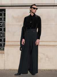 Black Wide Gold Button Buckle Flare Trousers