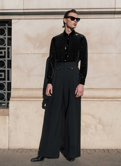 Black Wide Gold Button Buckle Flare Trousers