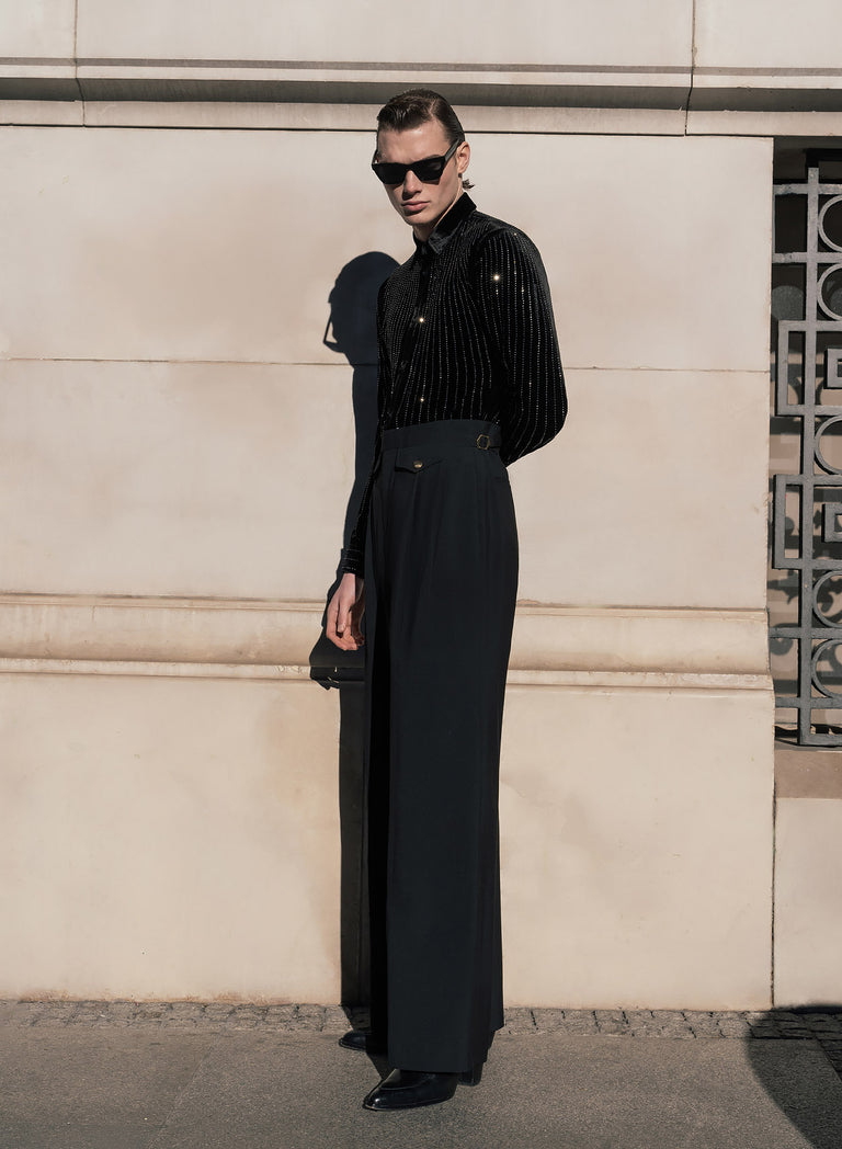 Black Silk Velvet Sequin Button Down Shirt