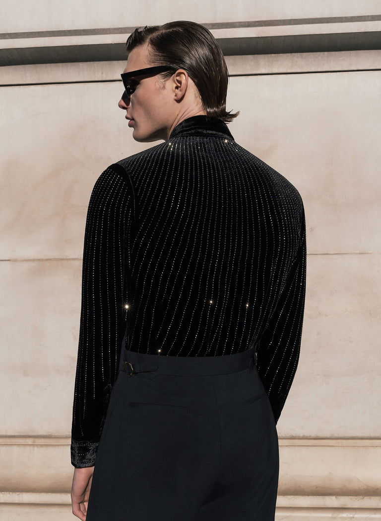 Black Silk Velvet Sequin Button Down Shirt