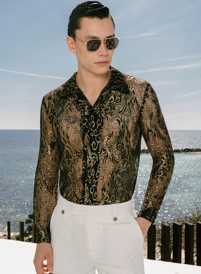 Black Lace Gold Long Sleeve Cuban Peacock Shirt