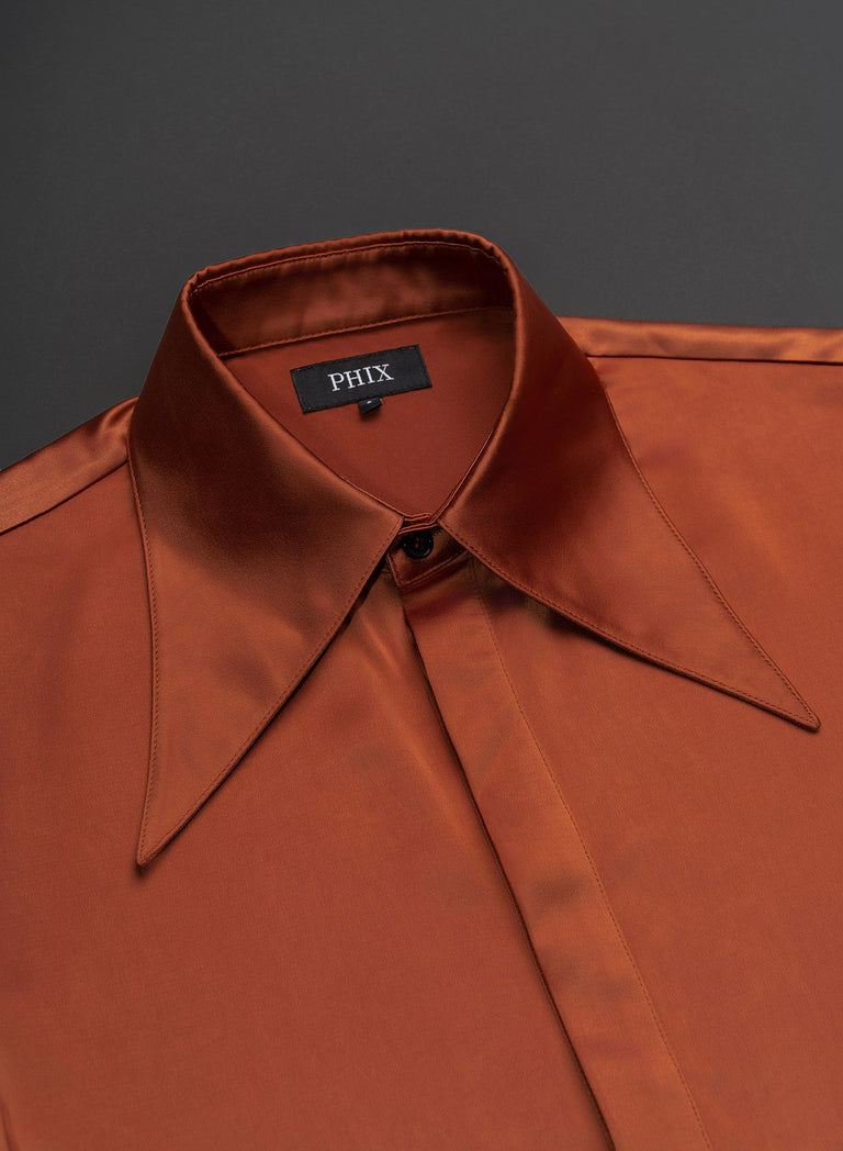 Copper Orange Satin Statement Dagger Collar Shirt