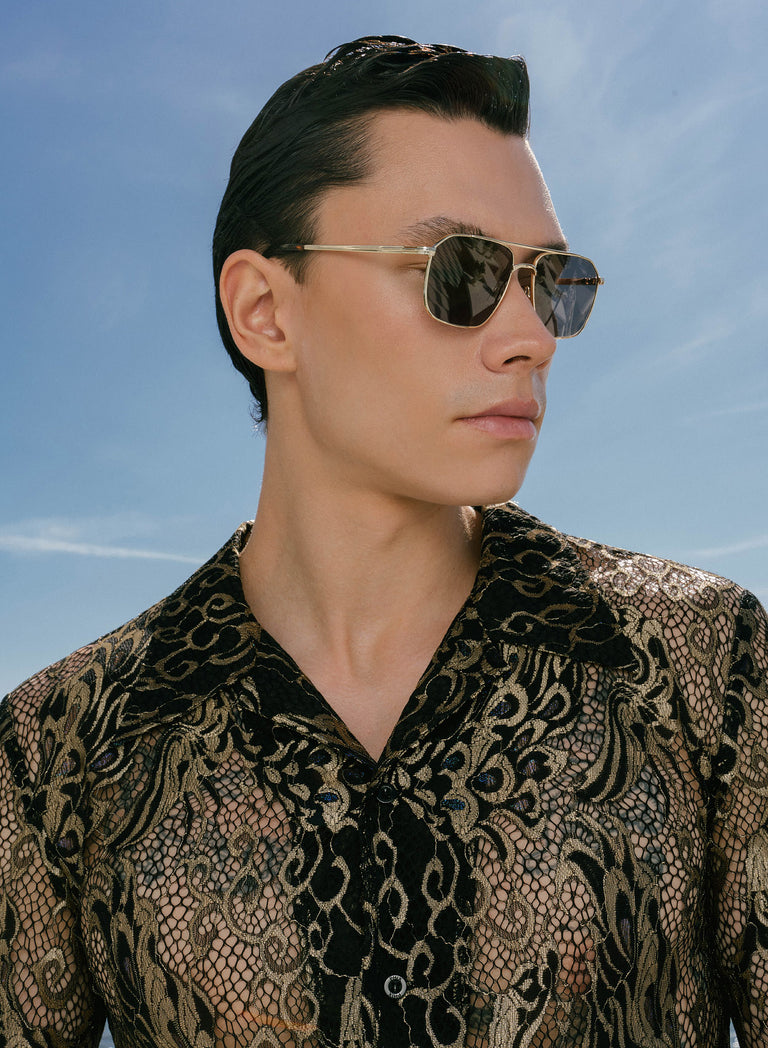 Black Lace Gold Long Sleeve Cuban Peacock Shirt